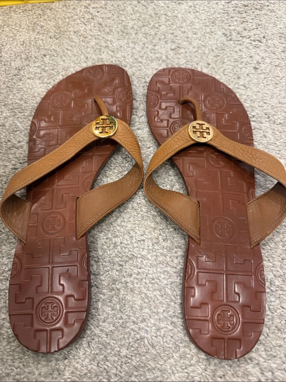 Tory Burch Brown Leather Flip Flop Sandals with Gold Logo